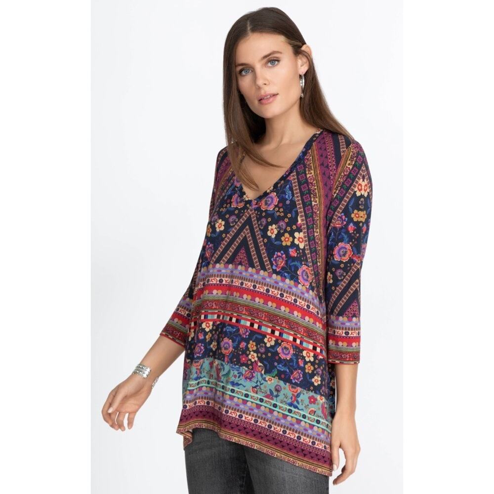 Johnny Was Womens Top Medium Cruz V Neck Swing Tunic Mixed Print‎ Bamboo